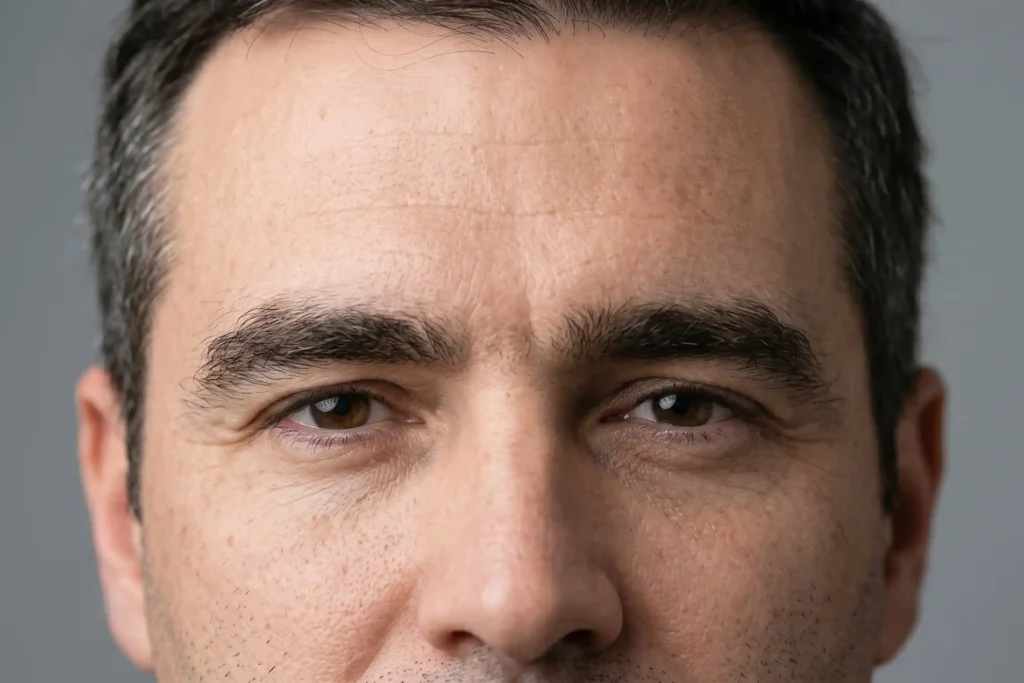 Close-up of a lowered, heavy brow from too much forehead Botox