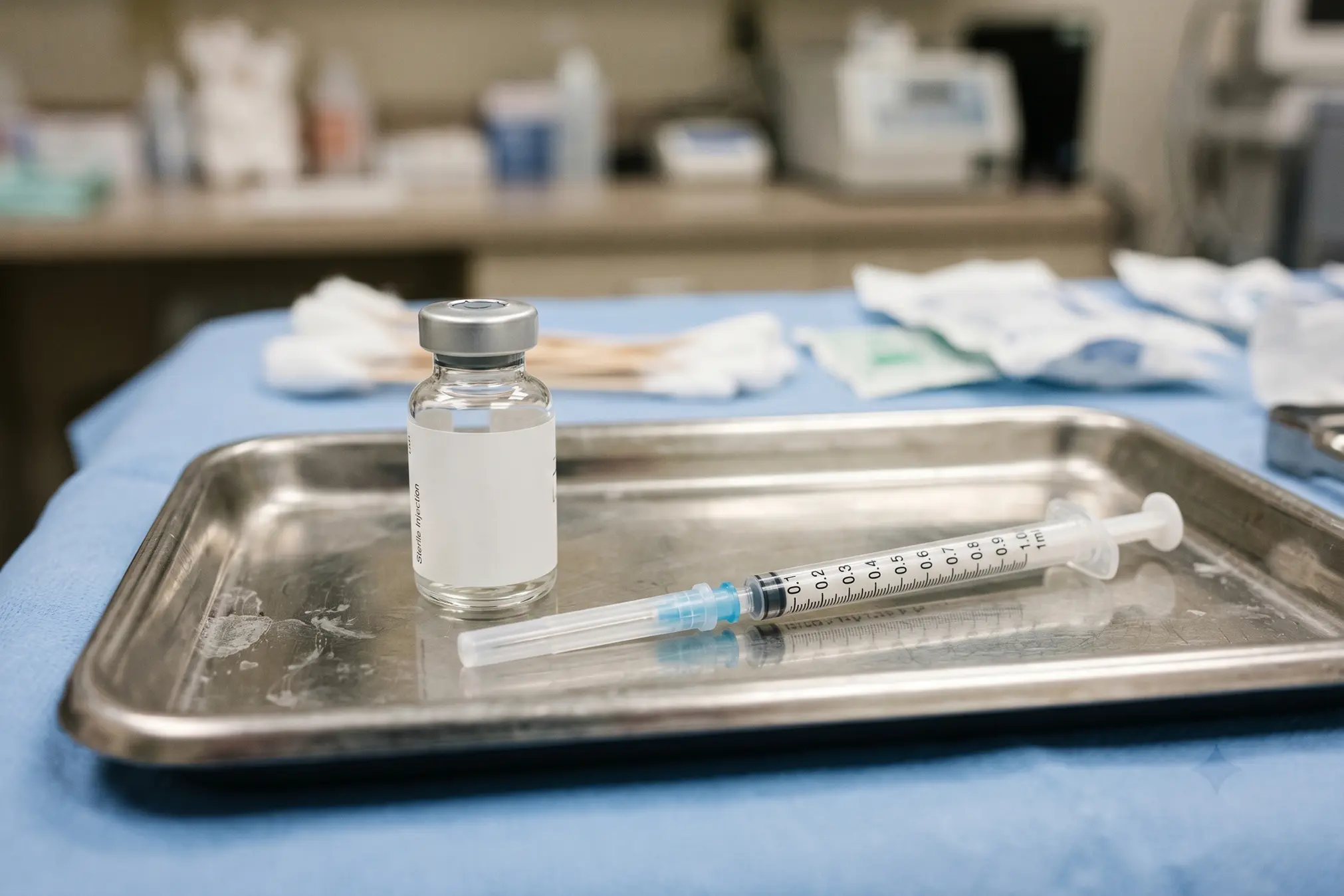 Hexarelin peptide vial and syringe on a clinical tray at a Tampa regenerative medicine clinic