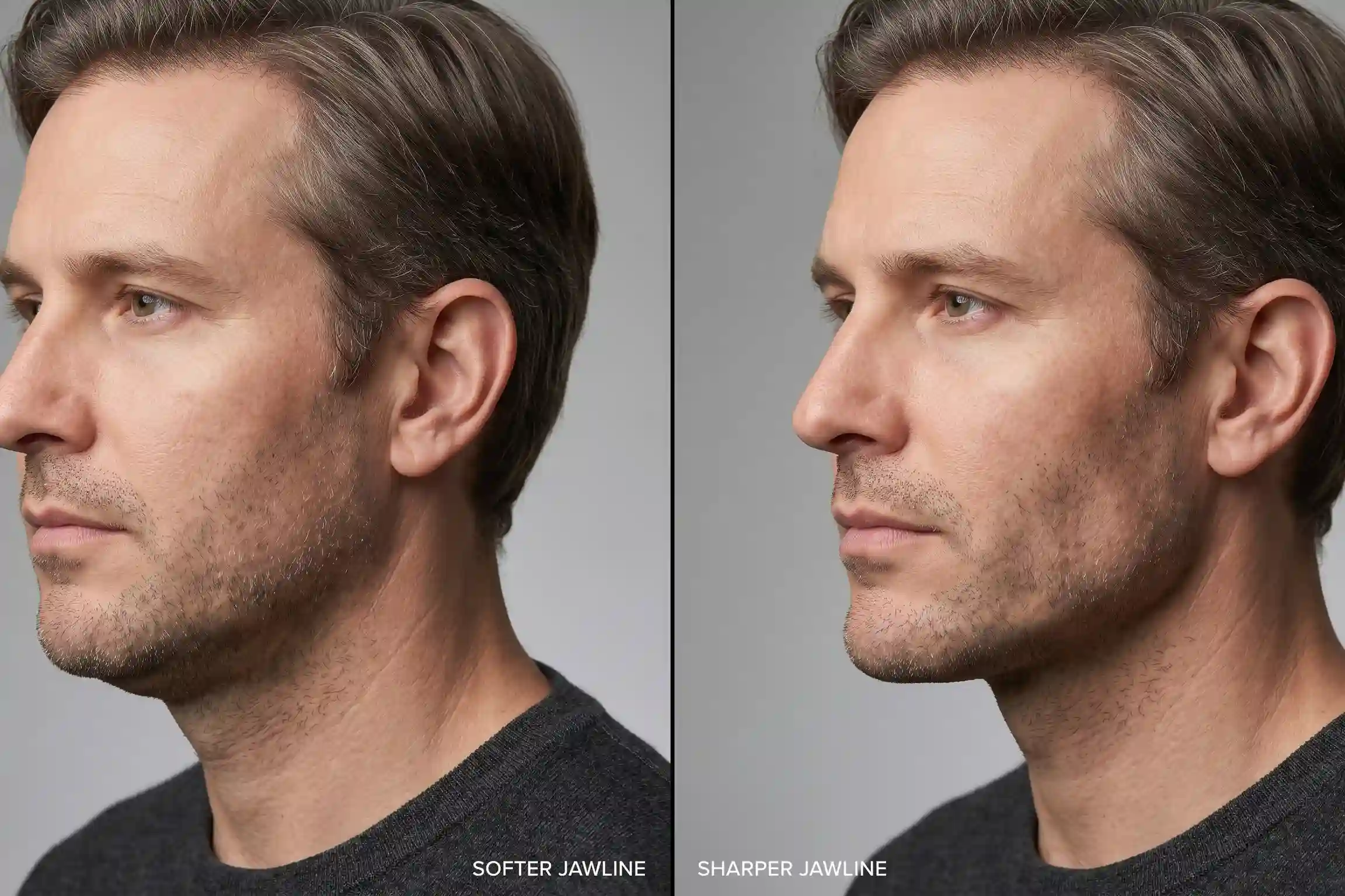 Jawline filler before and after comparison of the lower face profile