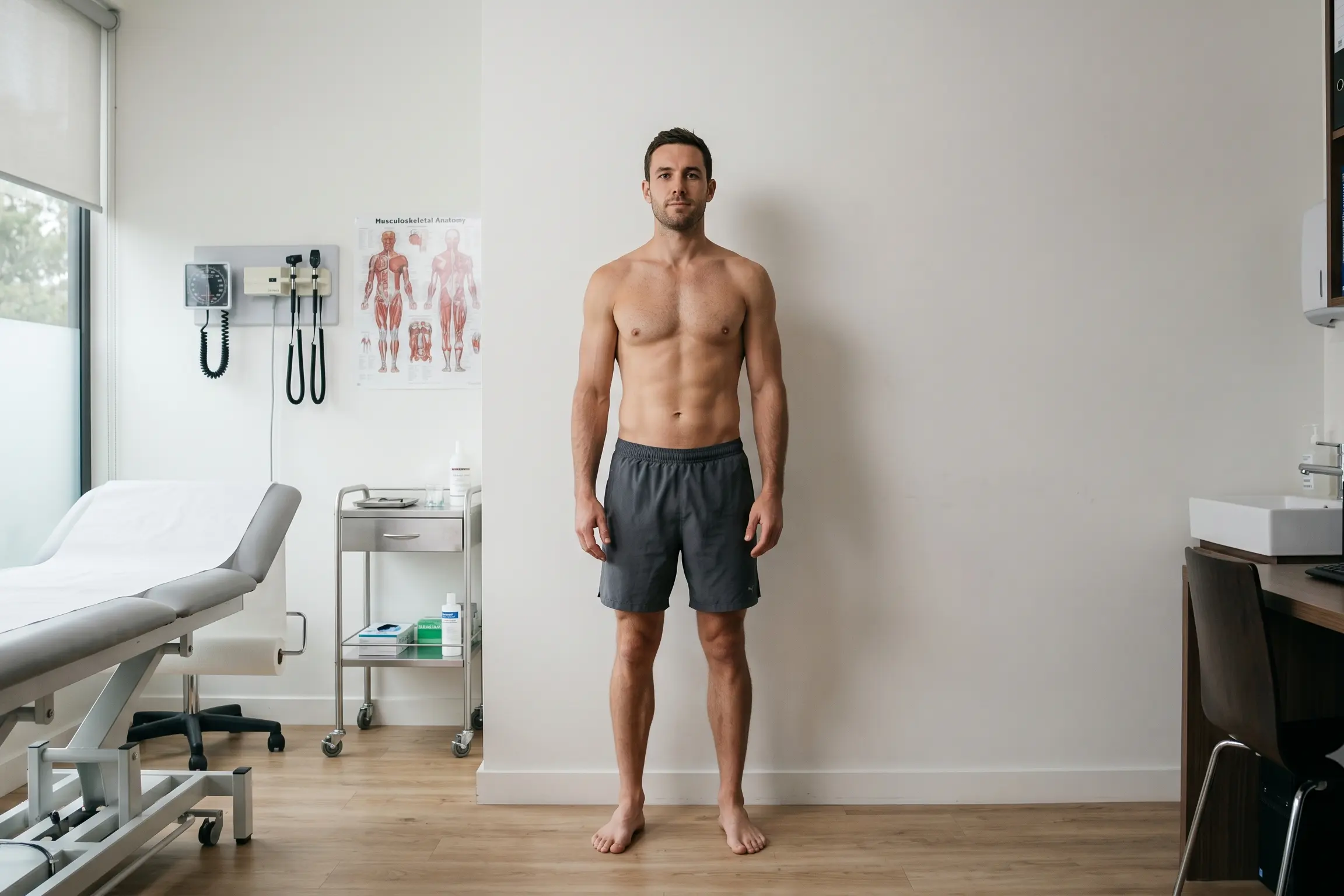 Man in consultation room evaluating midsection before liposuction after weight loss