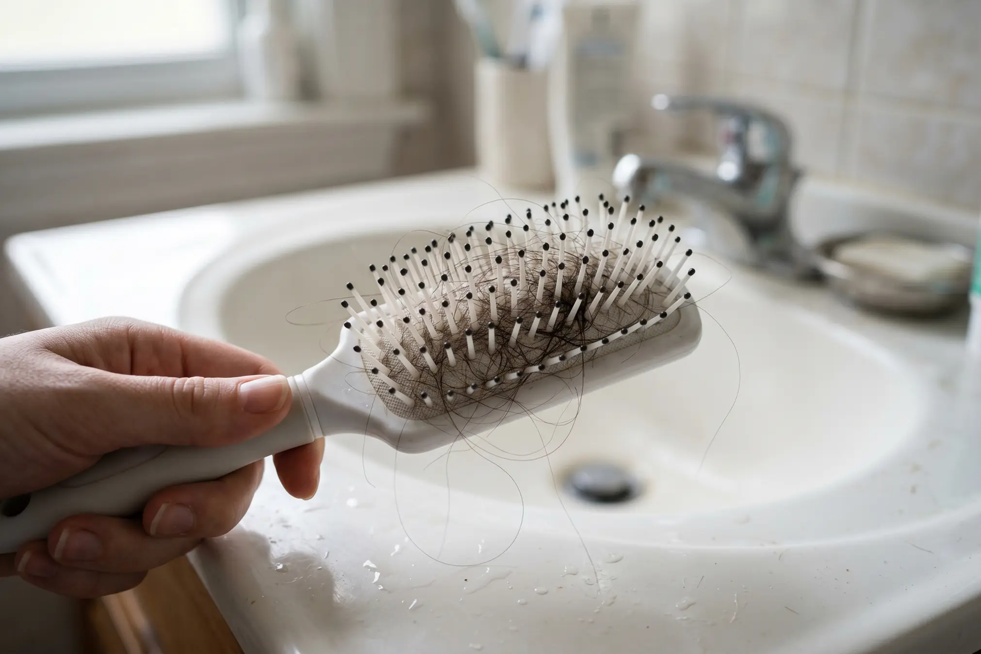 Loose hairs on a brush, a common sign of temporary hair falling out after PRP
