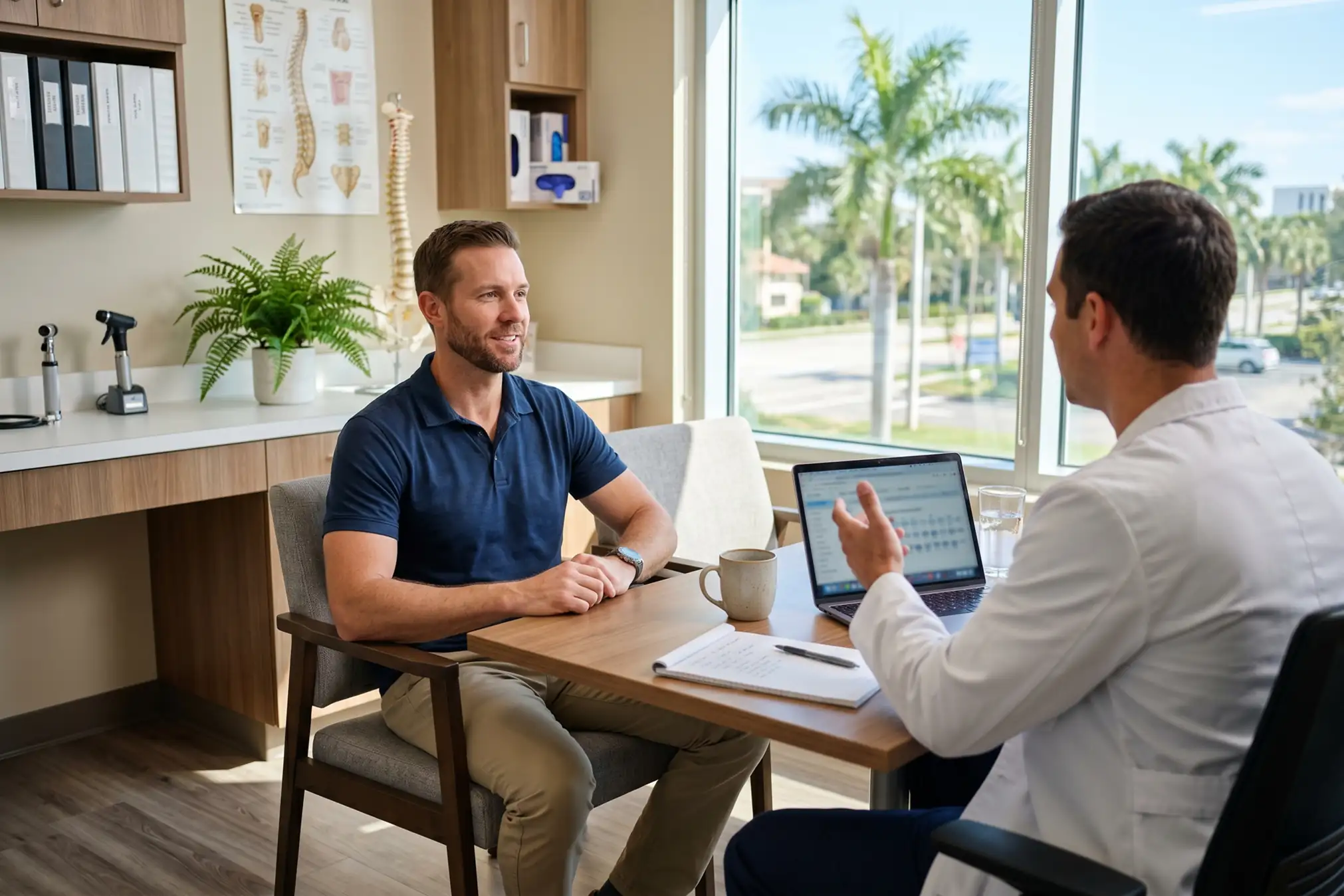 Man discussing whether Sermorelin builds muscle during a Tampa clinic consultation