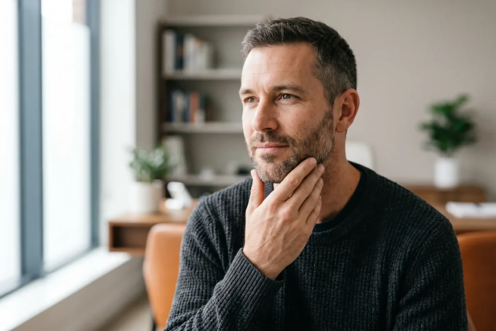 man touching his jawline while considering FaceTite and its risks