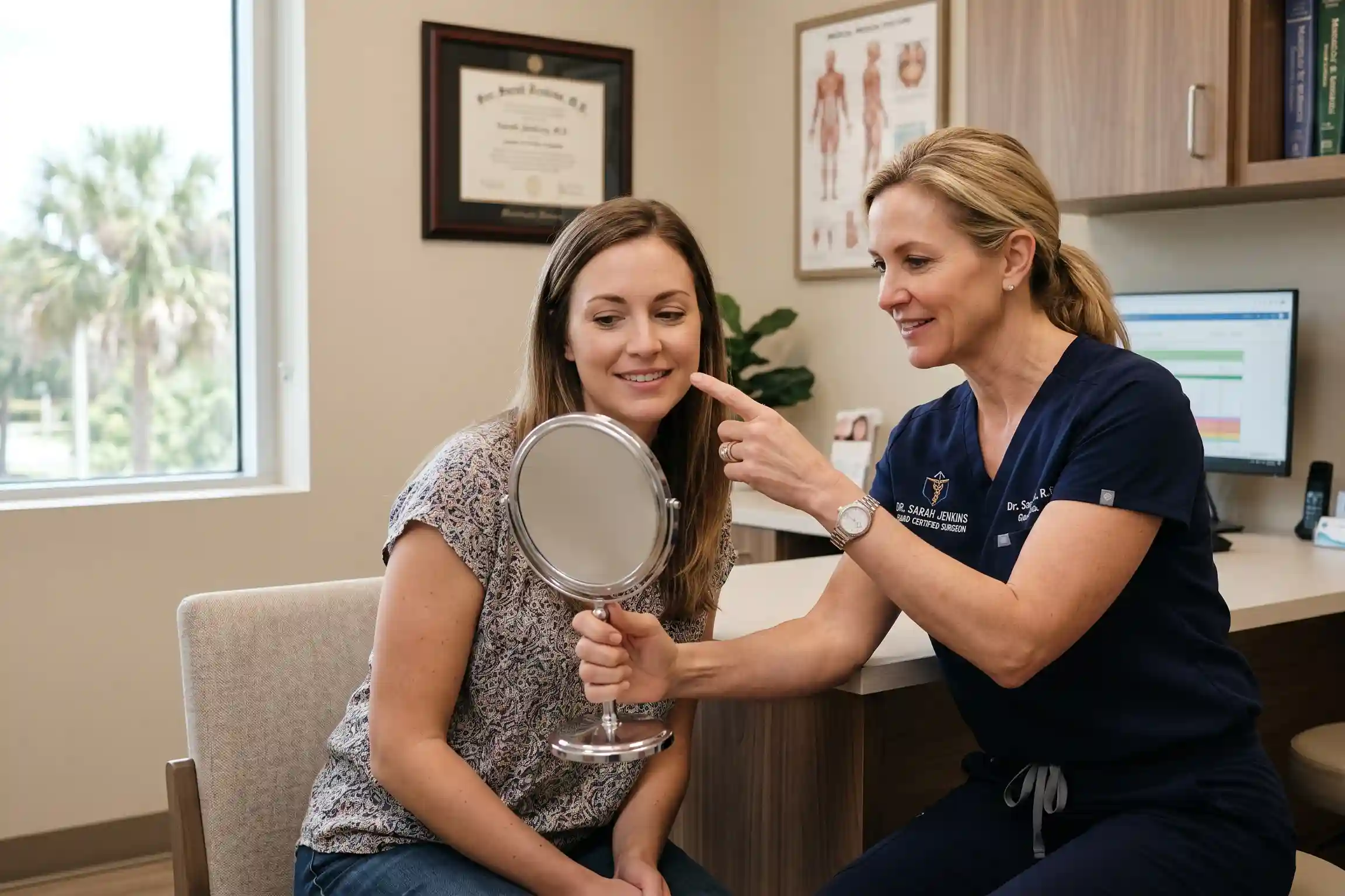 Surgeon and patient discussing natural-looking plastic surgery results in a Tampa clinic