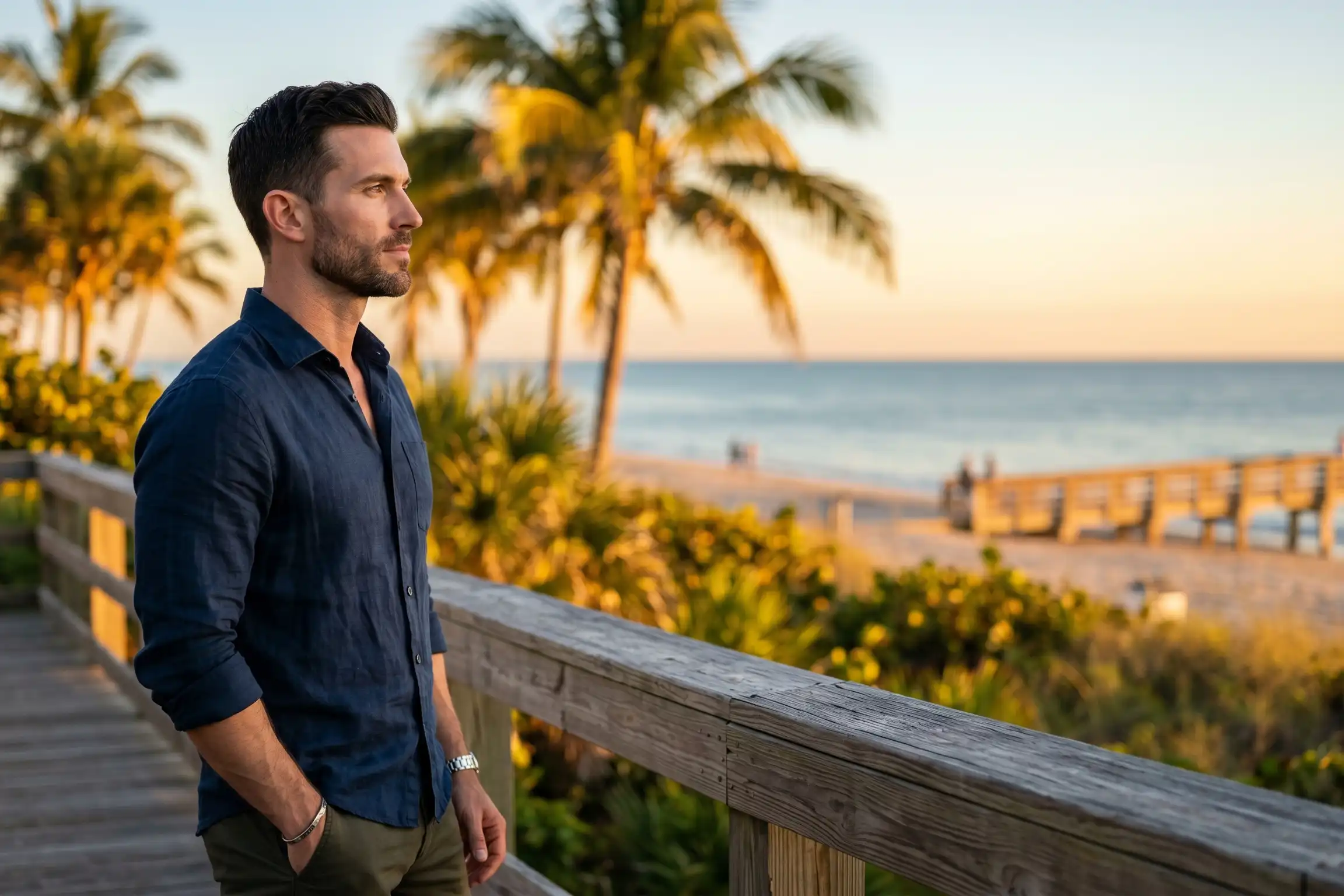 Man with defined jawline after neck liposuction for men in Tampa