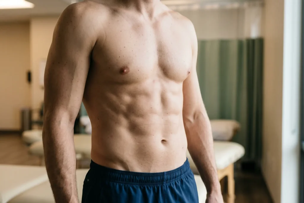Permanent HD liposuction results showing defined male abs six months post-surgery