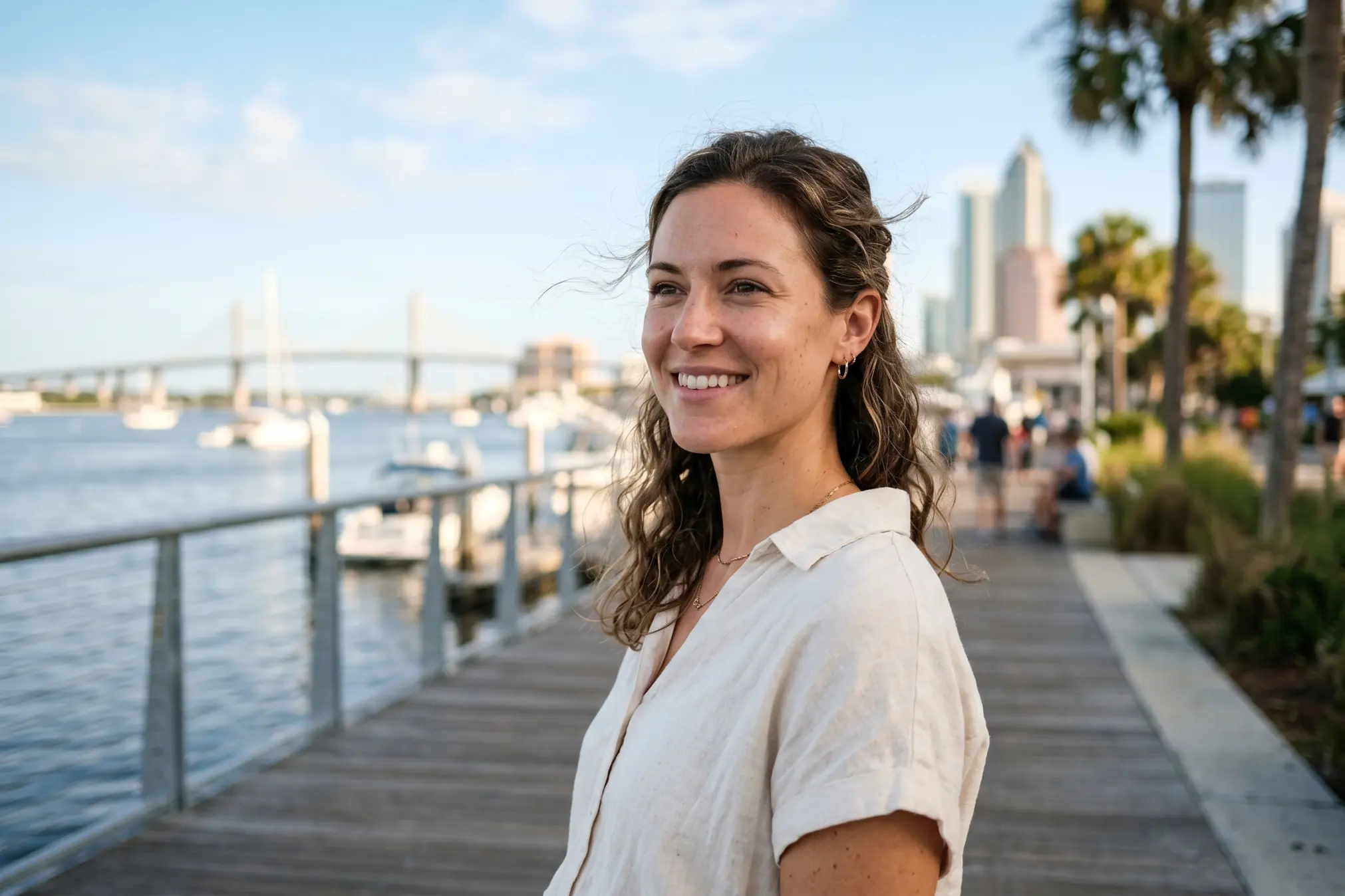 Person with a defined jawline outdoors after jawline filler in Tampa