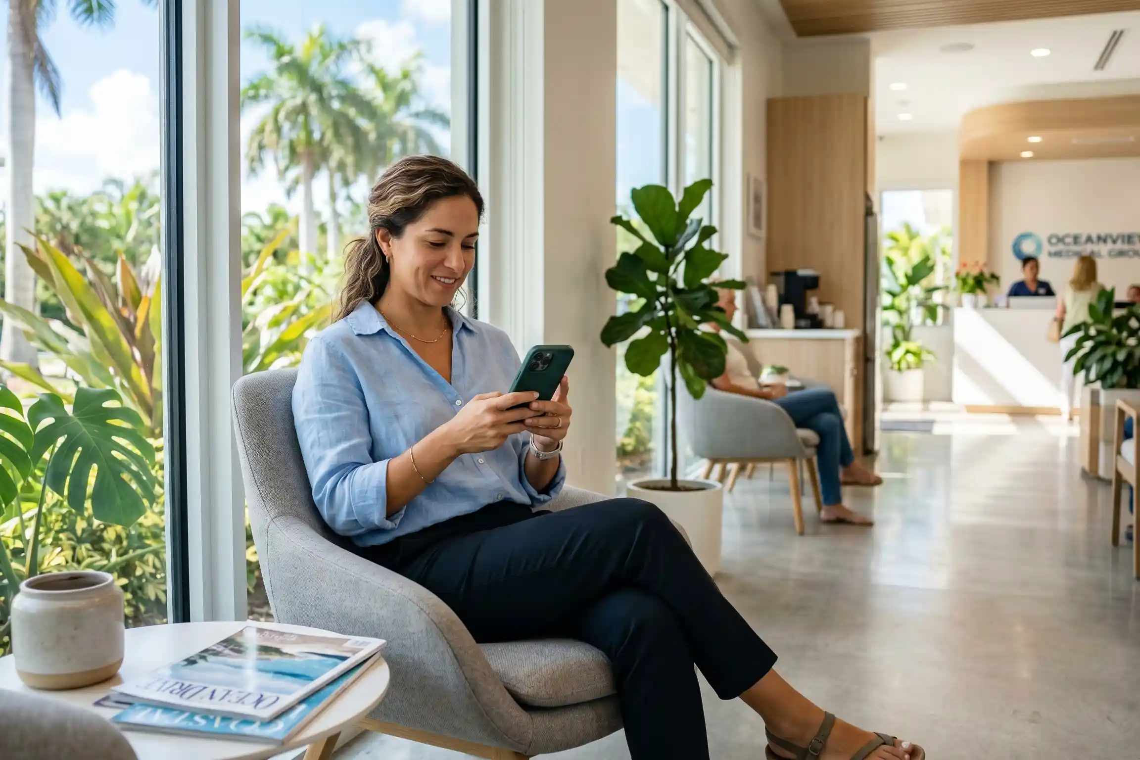 Patient reading plastic surgery reviews on her phone in a Tampa clinic waiting area