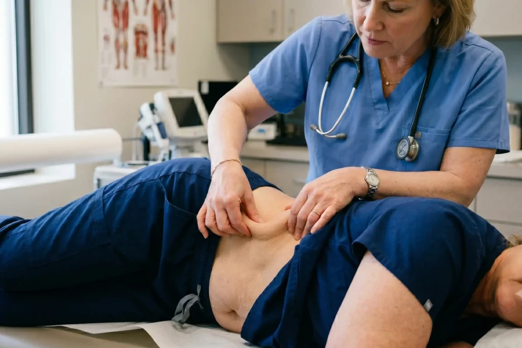 Doctor testing skin elasticity on patient considering liposuction after weight loss
