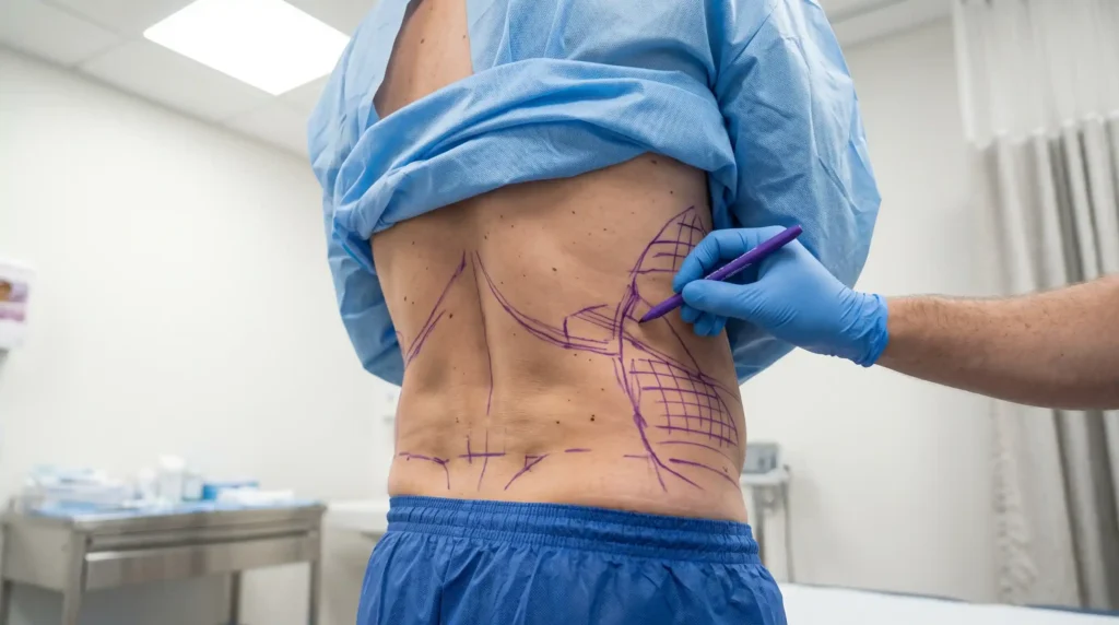 Surgeon marking flanks and lower back before HD liposuction at a Tampa clinic