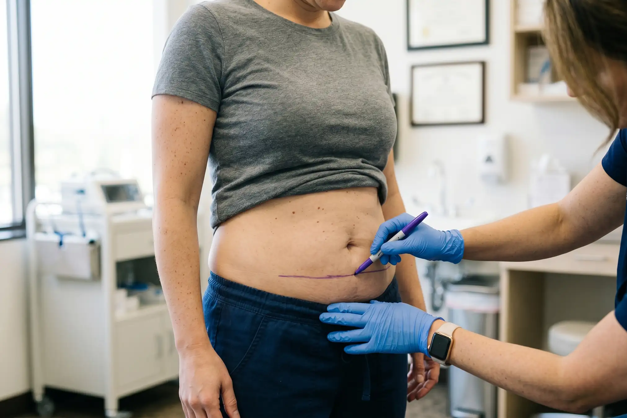 Surgeon marking where they cut for a tummy tuck on a standing patient
