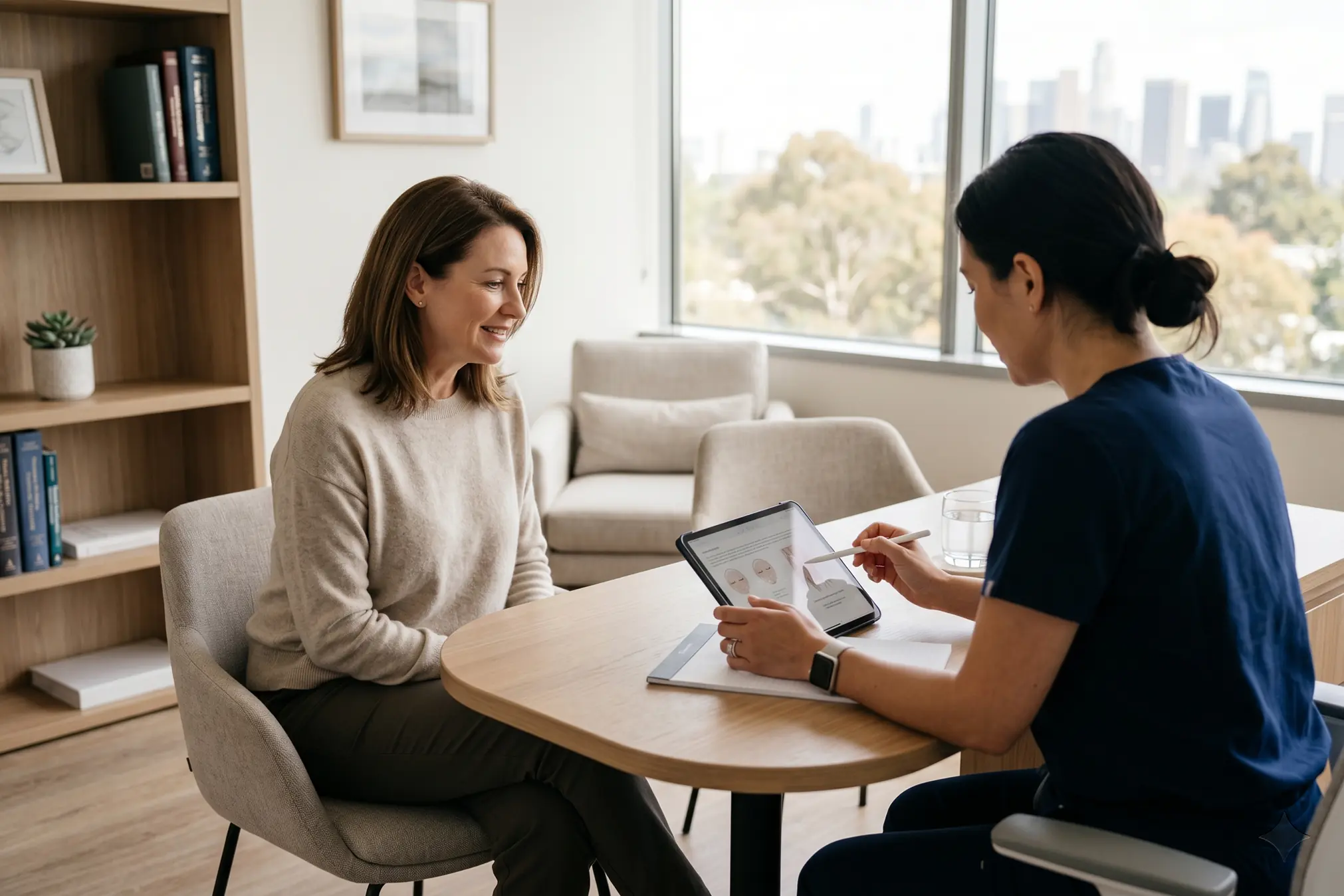 Surgeon reviewing the best plastic surgery combinations with a patient in Tampa