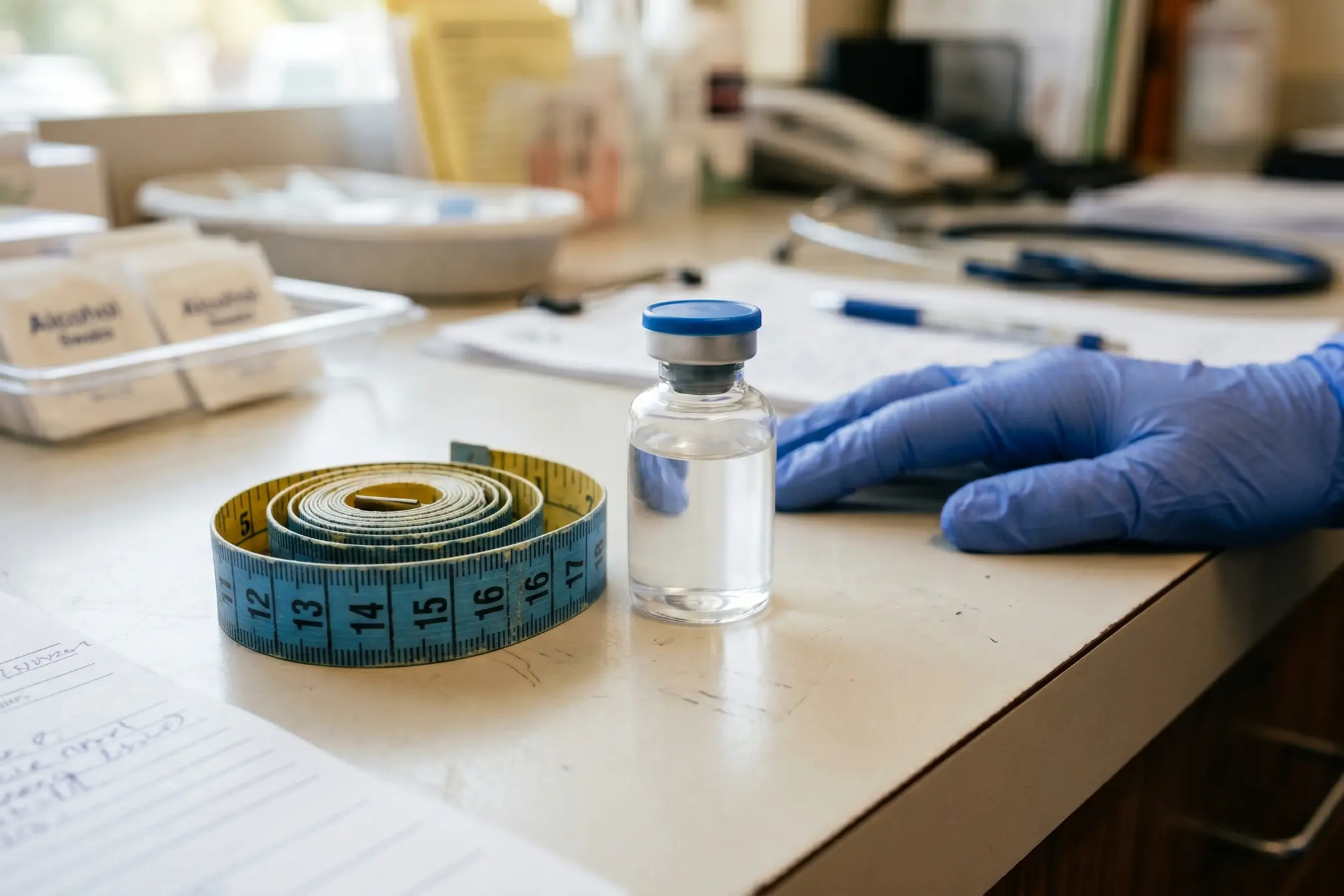 TB-500 peptide vial and tape measure illustrating the TB-500 weight loss question