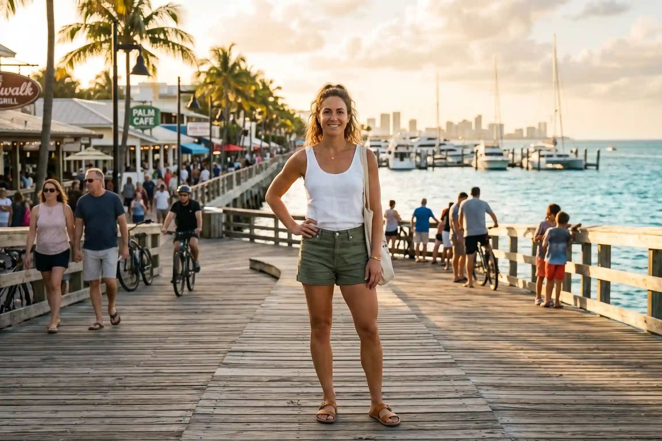 Woman showing waistline narrowing results on a sunny Tampa waterfront