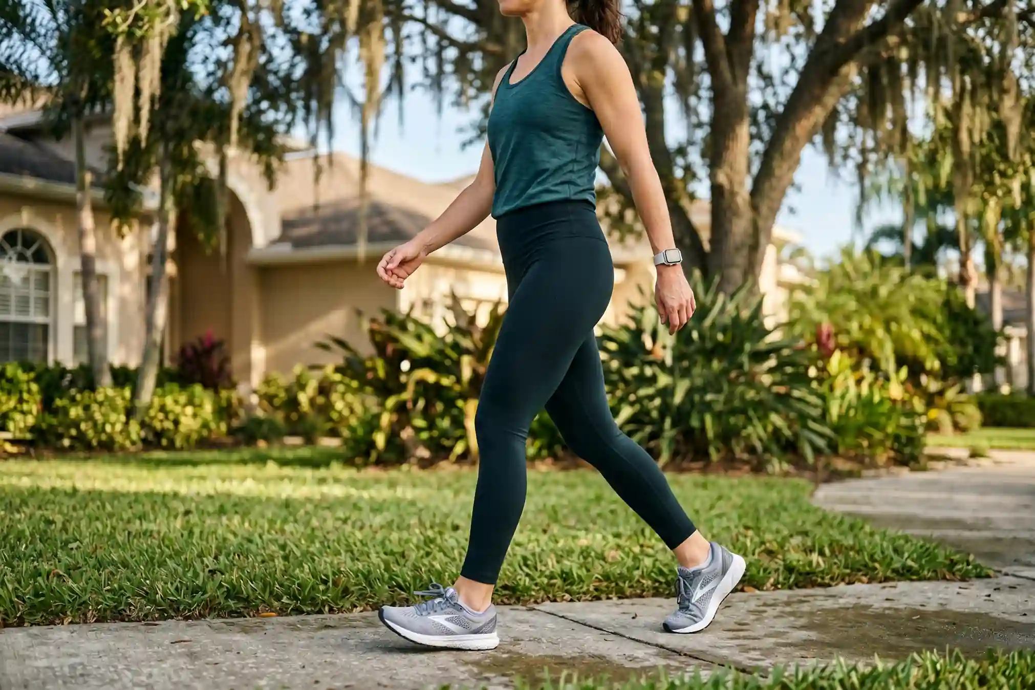 Woman walking outdoors during post-liposuction recovery in Tampa morning light