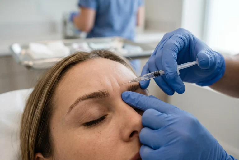 Close-up of a Botox injection to frown lines by a clinician in Tampa