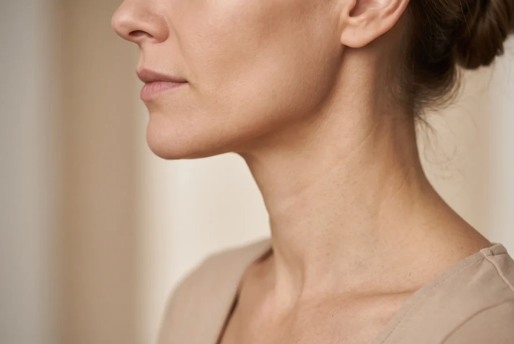 Close-up of a defined jawline and neck, the areas a PDO thread lift treats near Tampa
