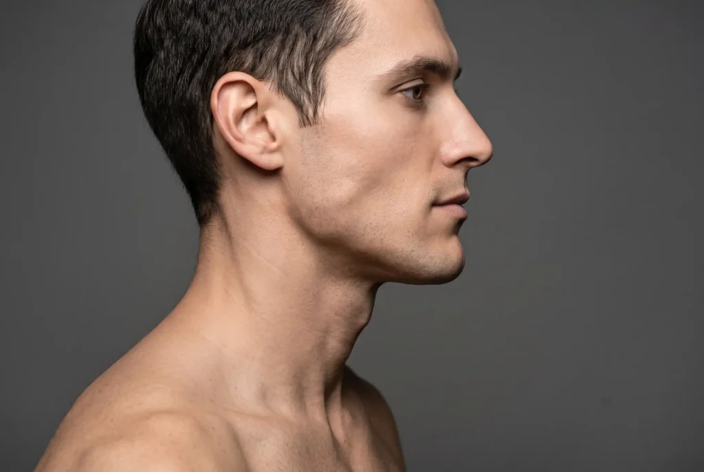 Close-up of a defined male jawline and firm neck, FaceTite result profile