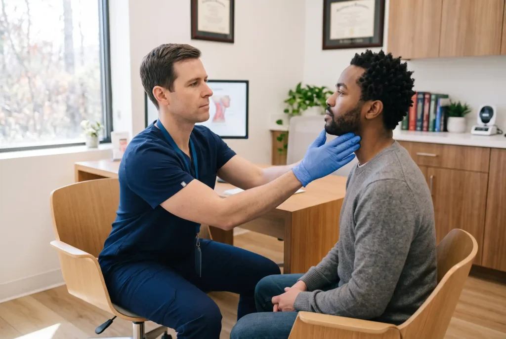 Surgeon evaluating a patient's neck and jawline before neck liposuction in Tampa