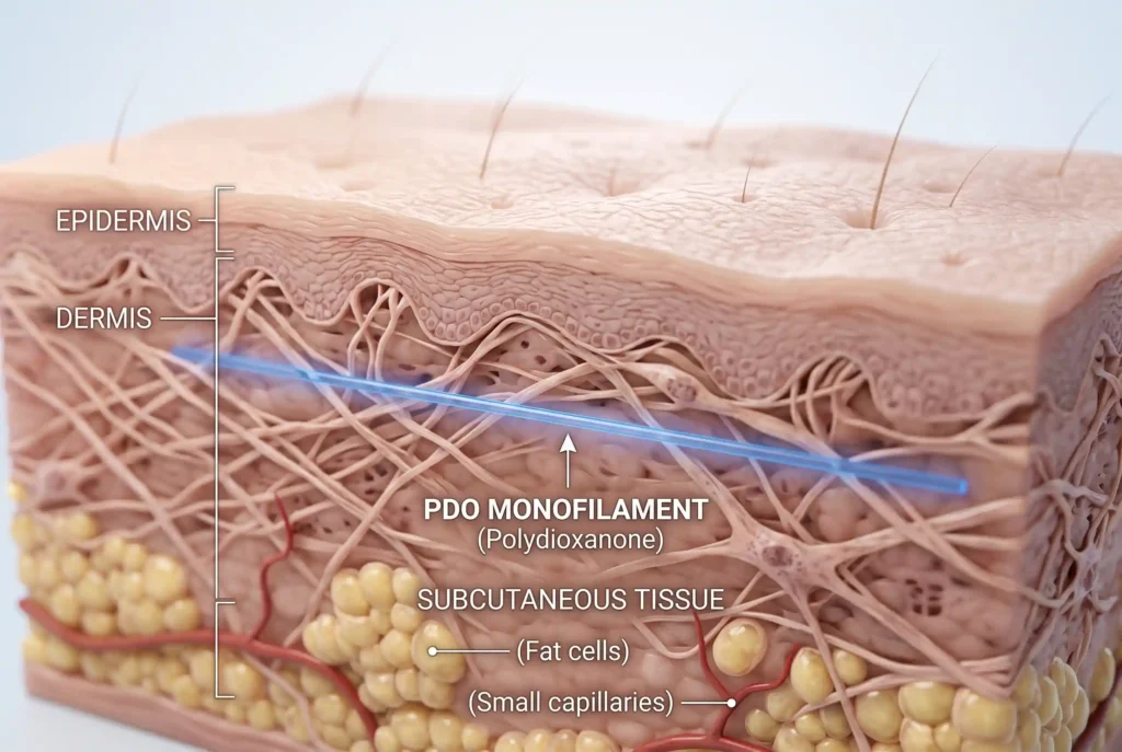 Close-up of a PDO thread under the skin showing how polydioxanone breaks down over months