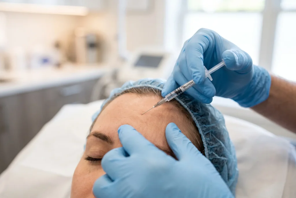Close-up of precise Botox injection technique on the forehead