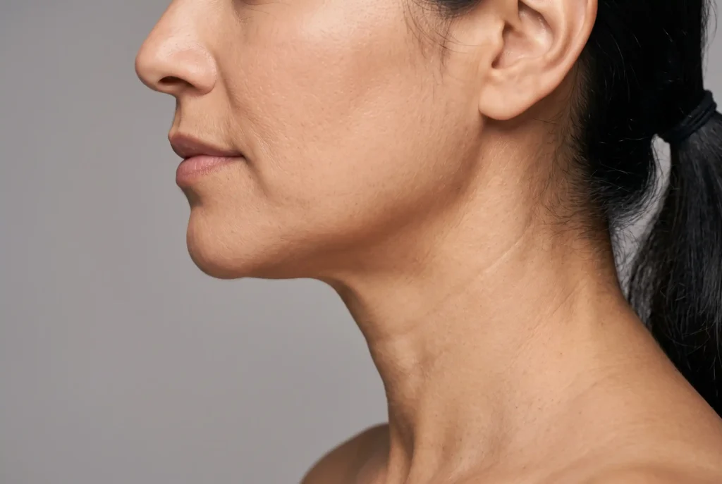 Close-up profile showing a defined jaw and neck angle after neck liposuction