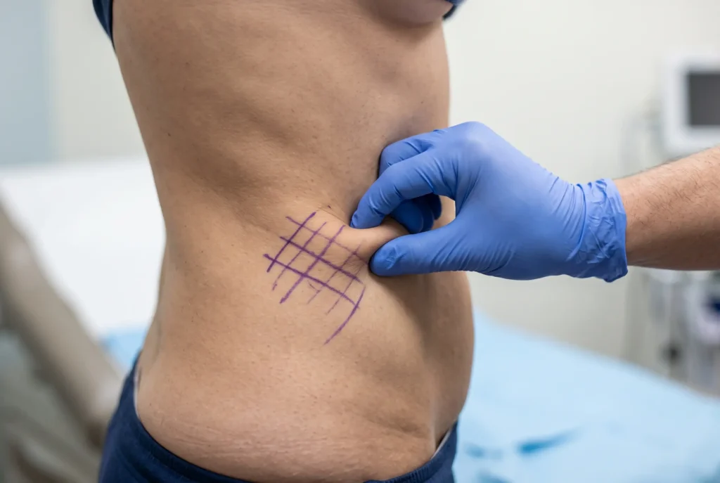 Flank fat pad marked during pinch test before flank liposuction with a tummy tuck