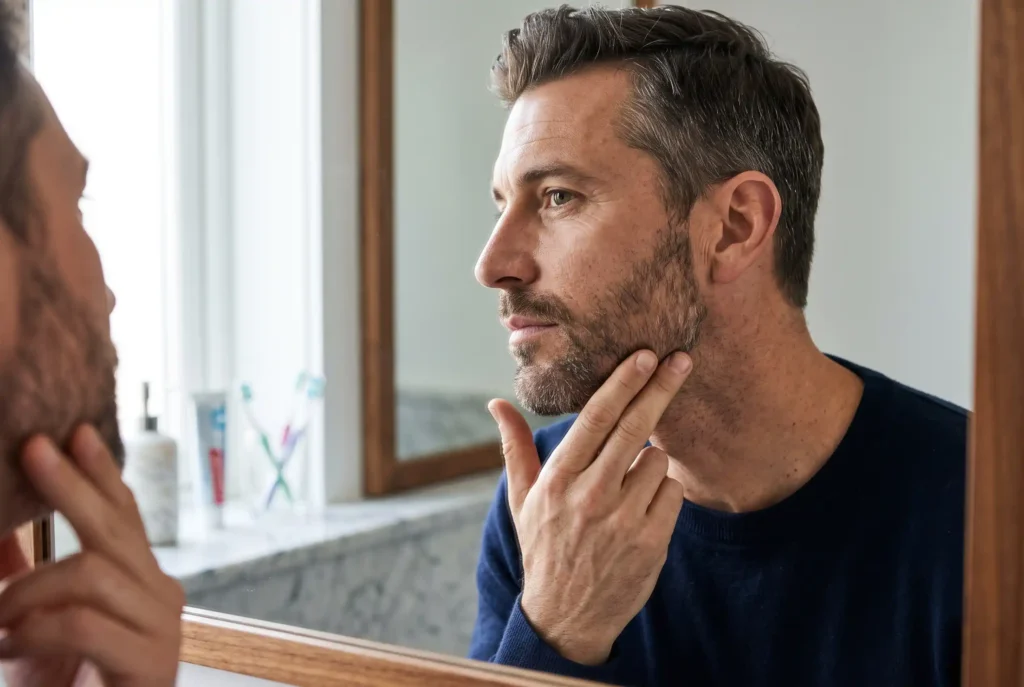 Man checking his jawline in a mirror while maintaining neck liposuction results
