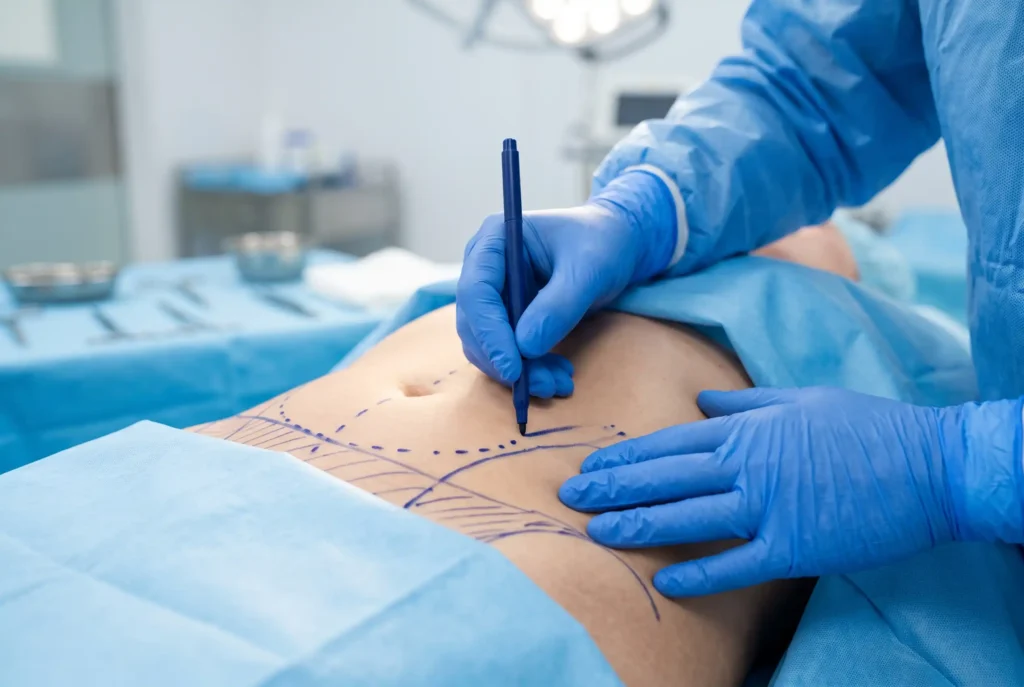 Surgeon marking the abdomen before high-definition liposuction fat removal