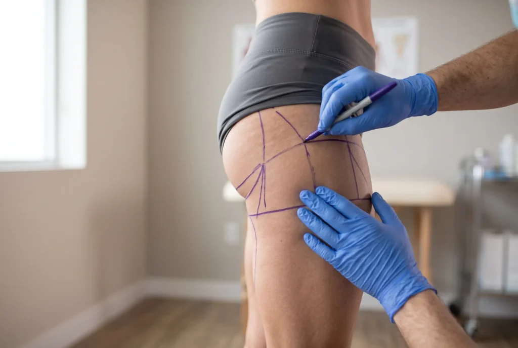 Surgeon marking thigh contour zones before liposuction