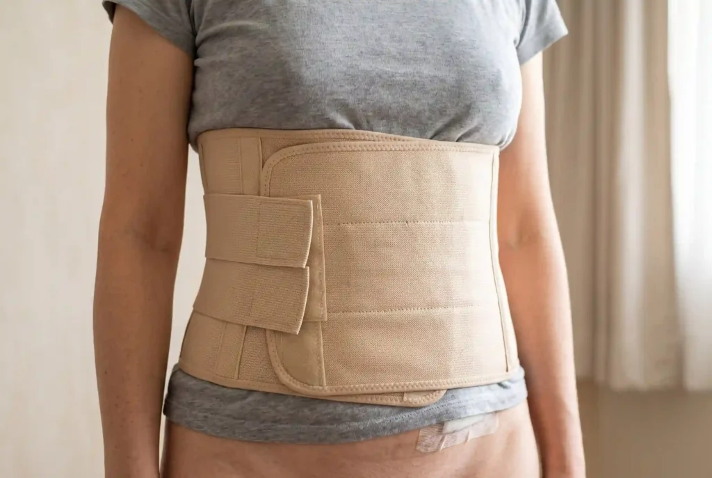 Abdominal compression binder worn to lower seroma risk after a tummy tuck