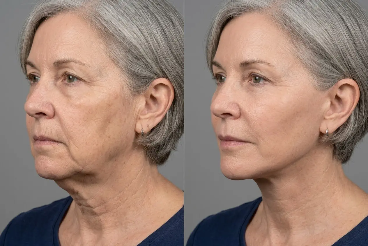 Before and after comparison of a facelift result for sagging jowls