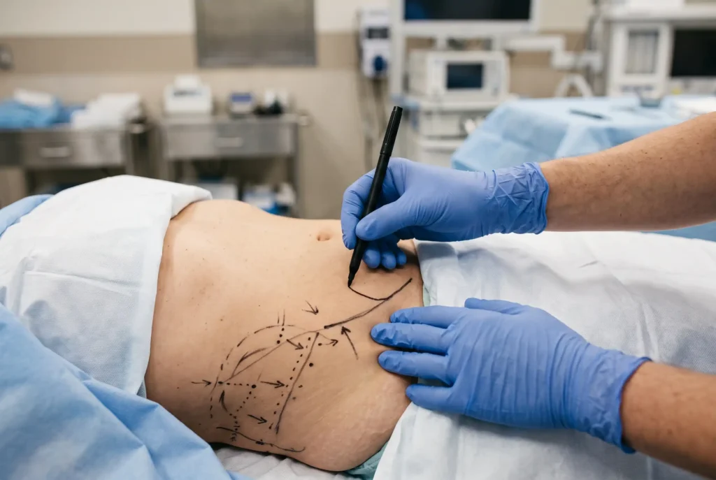 Surgeon marking the abdomen before liposuction for a PCOS patient