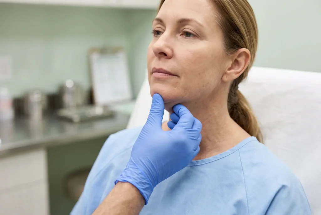 Surgeon pinch test assessing skin and fat before neck liposuction candidacy