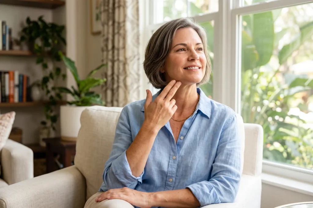 Adult in Tampa checking a firm jawline while maintaining FaceTite results