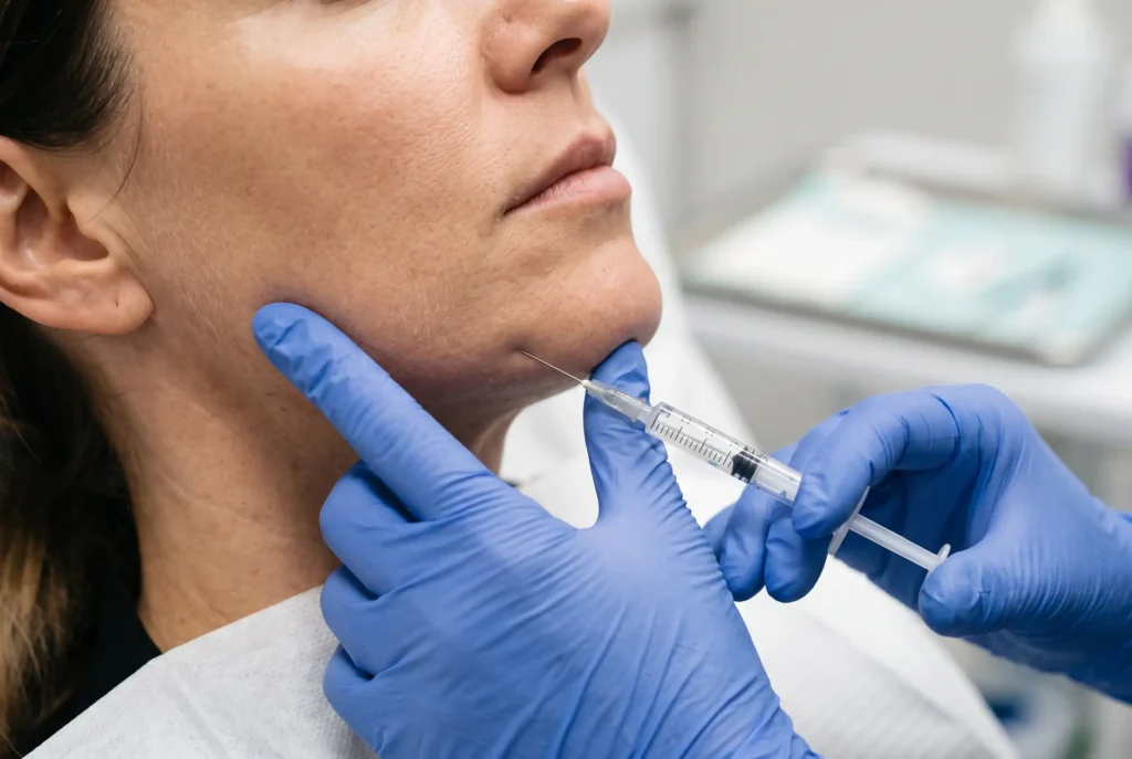 Clinician placing jawline filler deep on the bone for longer-lasting results
