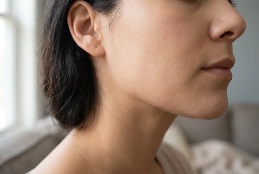 Close-up of a healed jawline showing normal jaw filler recovery