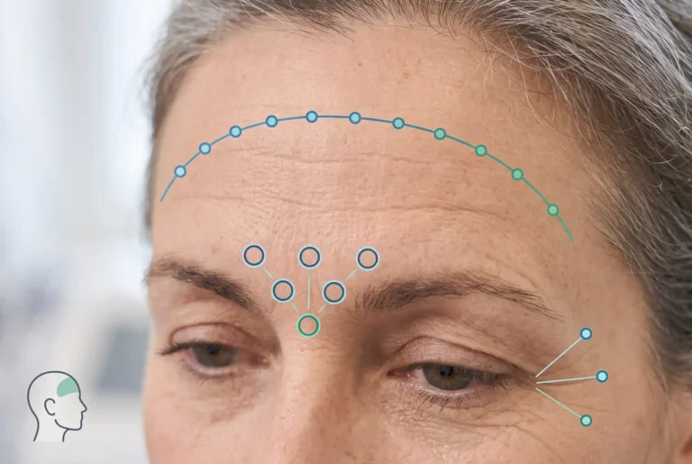 face map of common botox areas including forehead frown lines and crow's feet