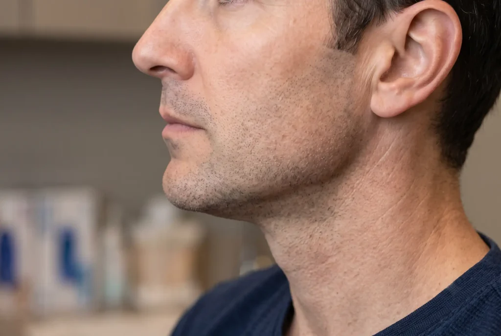 Firmer jawline showing gradual PDO thread results as collagen builds