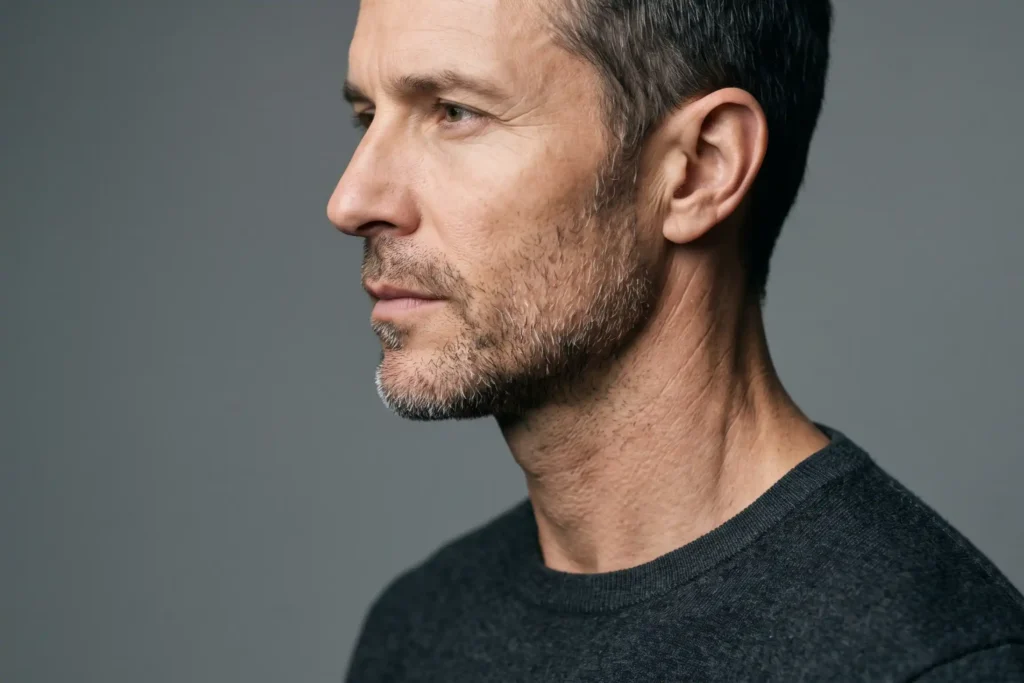 Defined male jawline and neck in profile showing lasting neck liposuction results