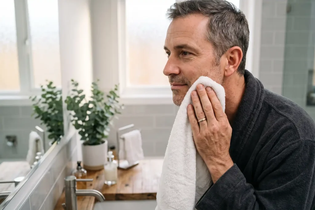 man gently patting his face dry after a shower following PDO threads in Tampa