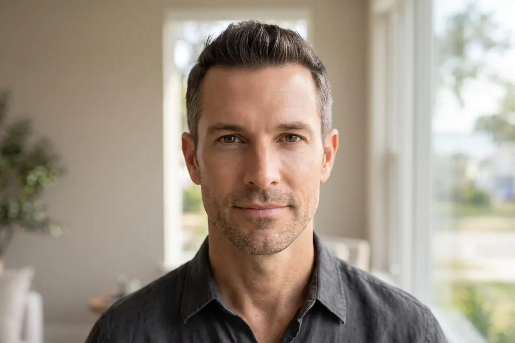 Man with a defined jawline and smooth neck after FaceTite in Forest Hills, Tampa