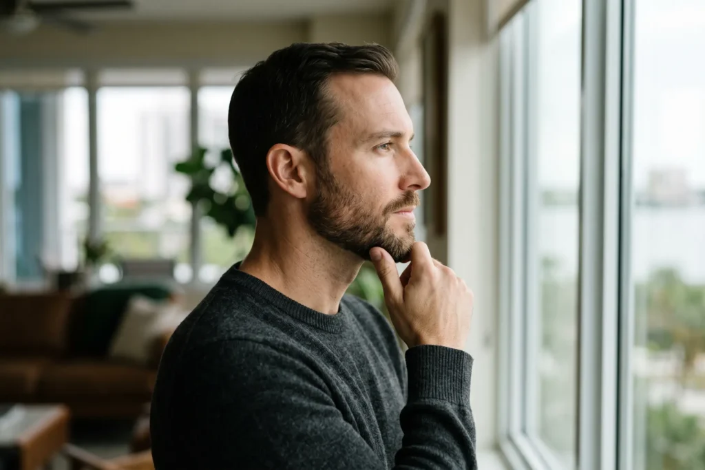 Man with a defined jawline considering neck liposuction in Tampa.