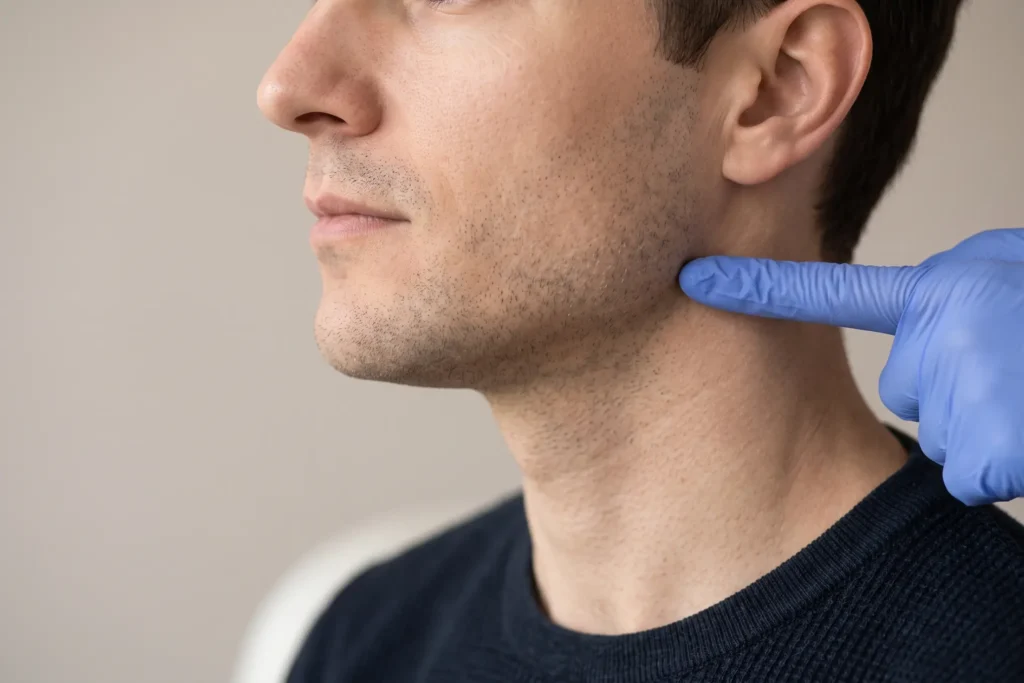 Man's defined jawline in profile before considering jawline fillers in Tampa