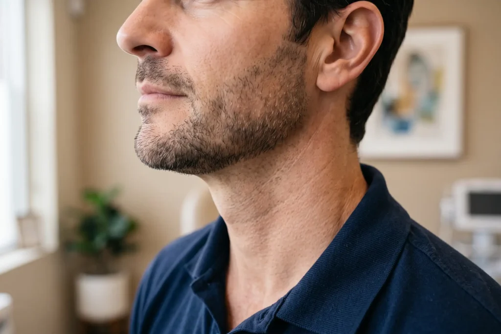 Man's firm jawline showing PDO thread results over time at a Tampa clinic