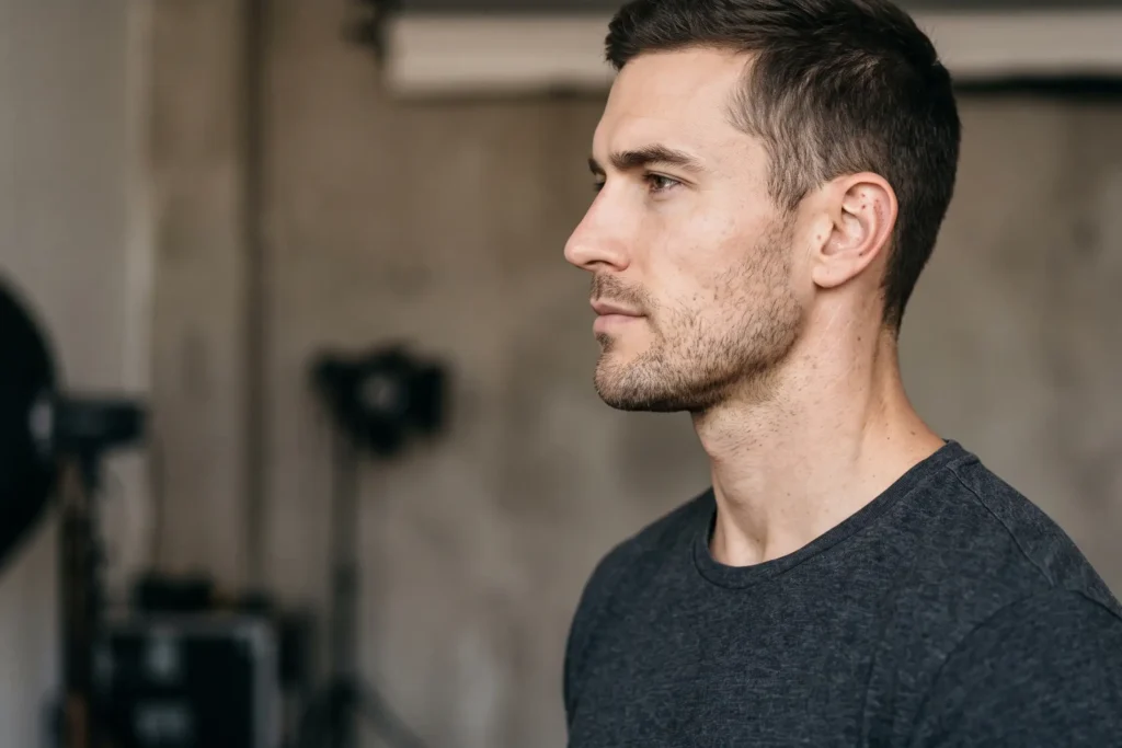 Man with defined jawline after neck and jawline contouring in Forest Hills