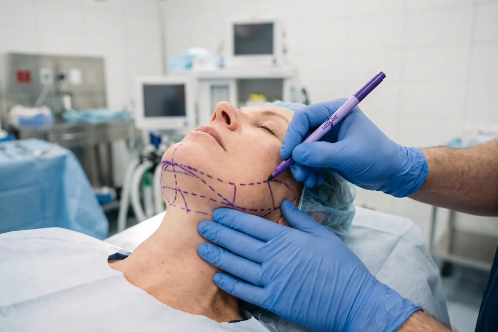 Surgeon marking jawline and under-chin area before a neck liposuction