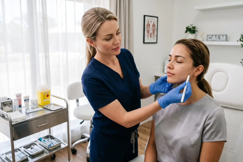 Provider preparing a patient for a PDO thread procedure in a clinic