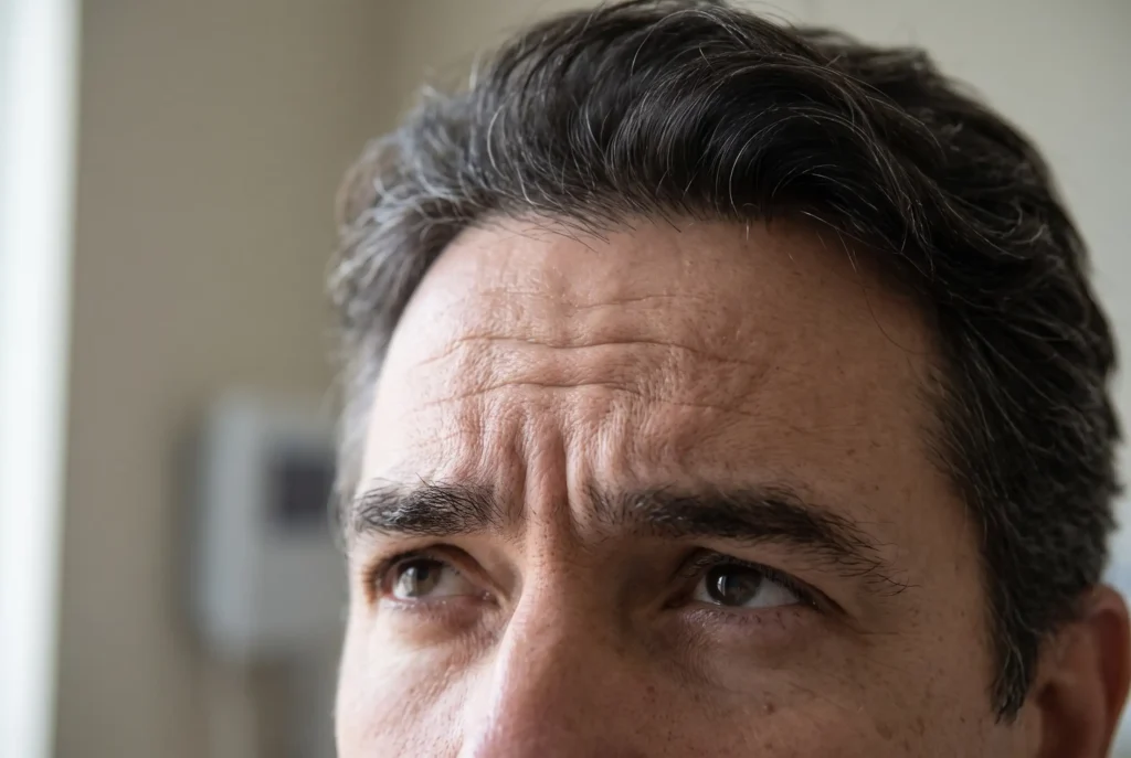 Raised eyebrows showing strong forehead muscles that affect Botox