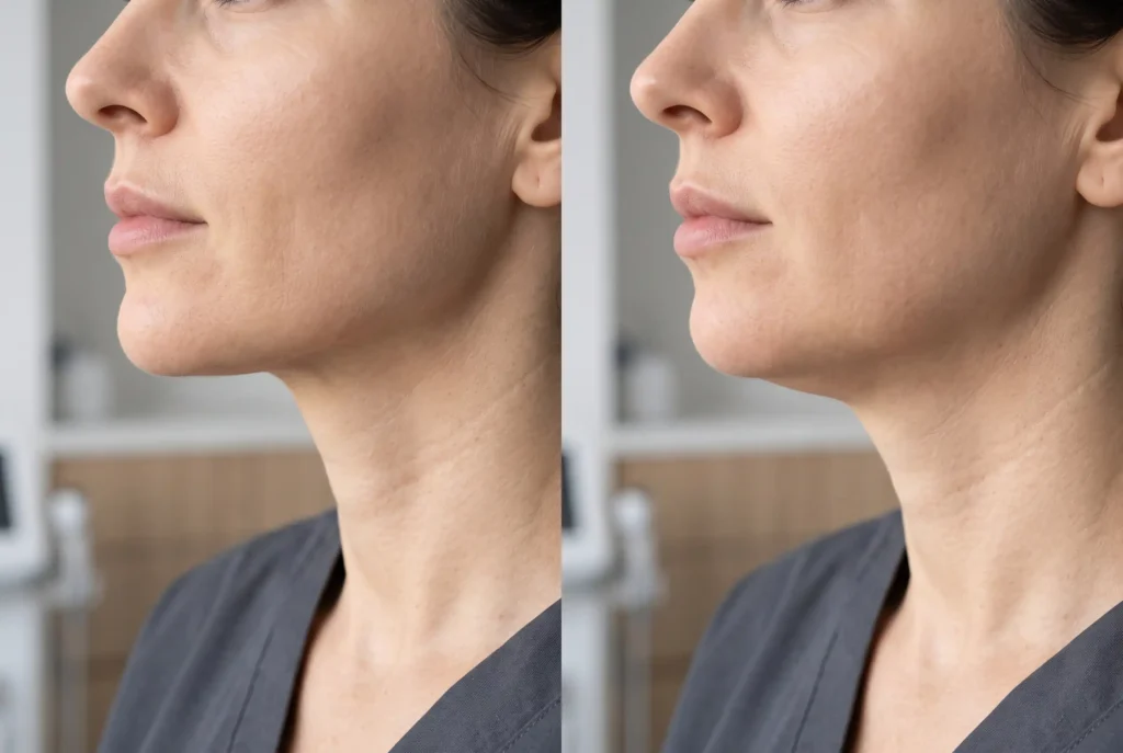 Subtle comparison showing jawline filler fading gradually and naturally